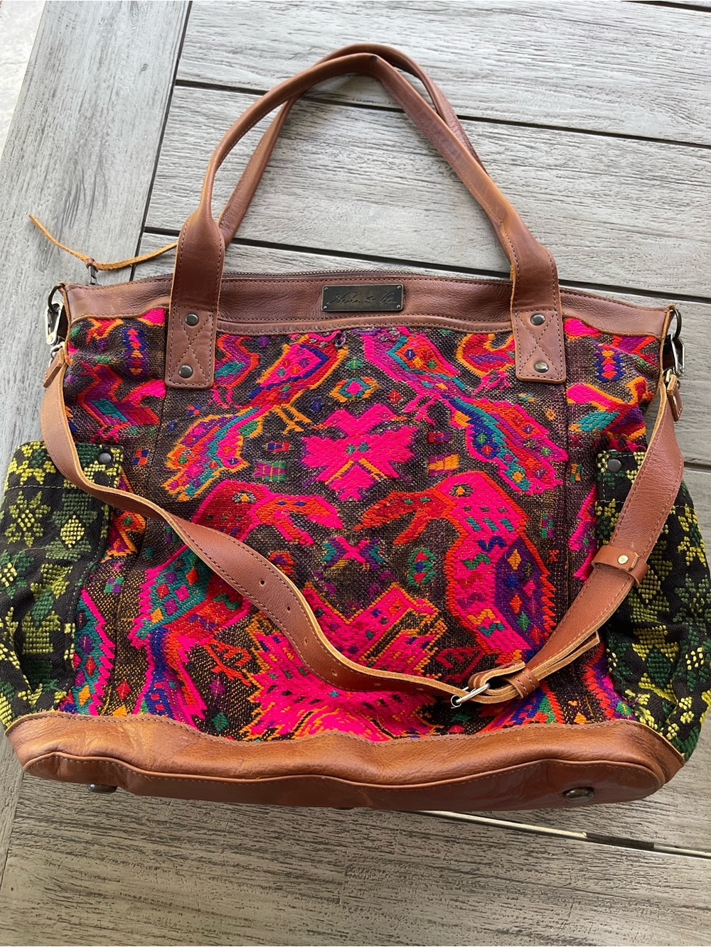 Nena & Co. Guatemalan Huipil Textile & Leather Upcycled Convertible Day Bag